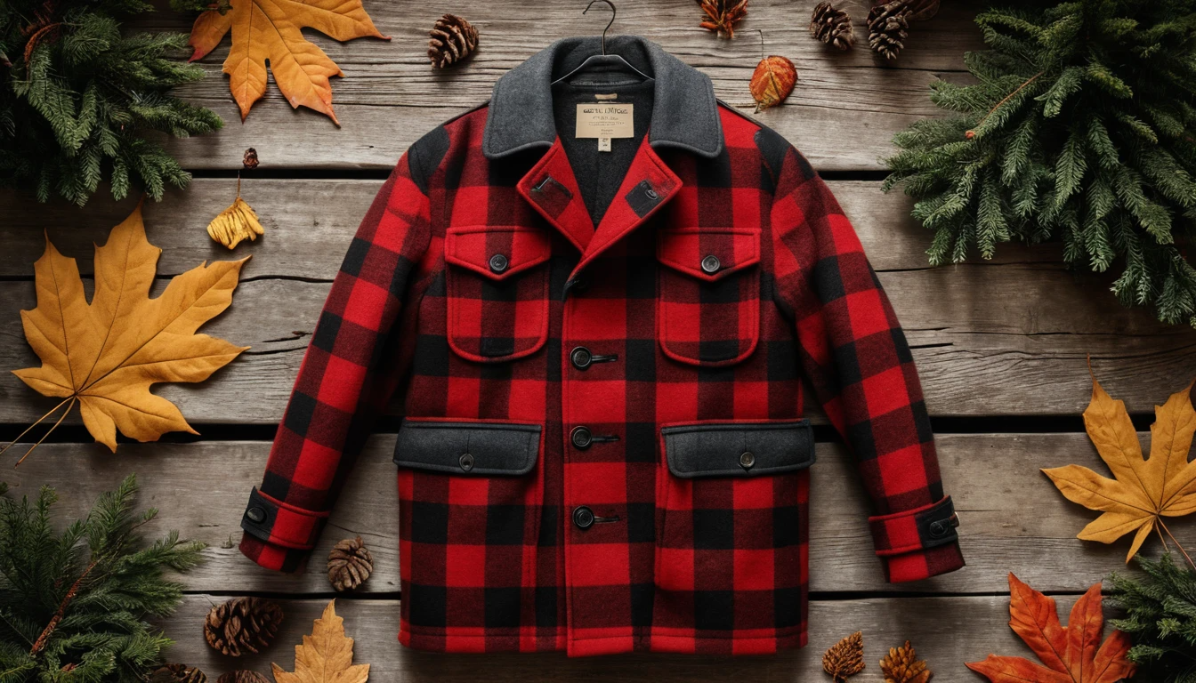 A classic red and black buffalo plaid Pendleton Mackinaw wool coat displayed on a rustic wooden background, with forest elements like pine branches and autumn leaves around it. The jacket should be shown from a front view, highlighting its double-breasted button design, thick wool texture, deep pockets, and traditional American craftsmanship. Warm natural lighting, vintage aesthetic, professional product photography style, detailed texture visible, outdoor heritage theme, 4K quality, photorealistic.