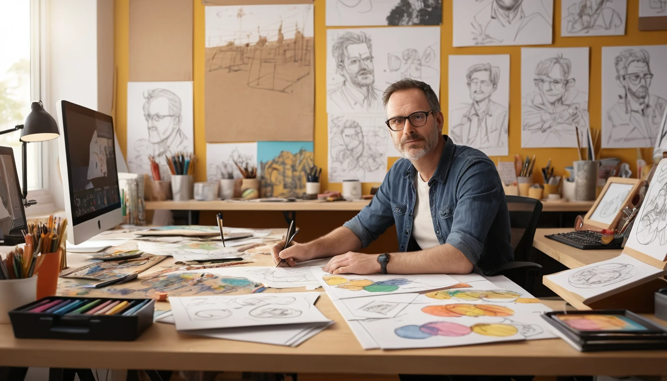 Professional portrait photograph of a male animator in his 40s working at a creative studio desk, surrounded by colorful sketches and storyboards, warm natural lighting, casual creative workspace with animation equipment, art supplies scattered around, friendly and focused expression, modern studio environment, photorealistic style